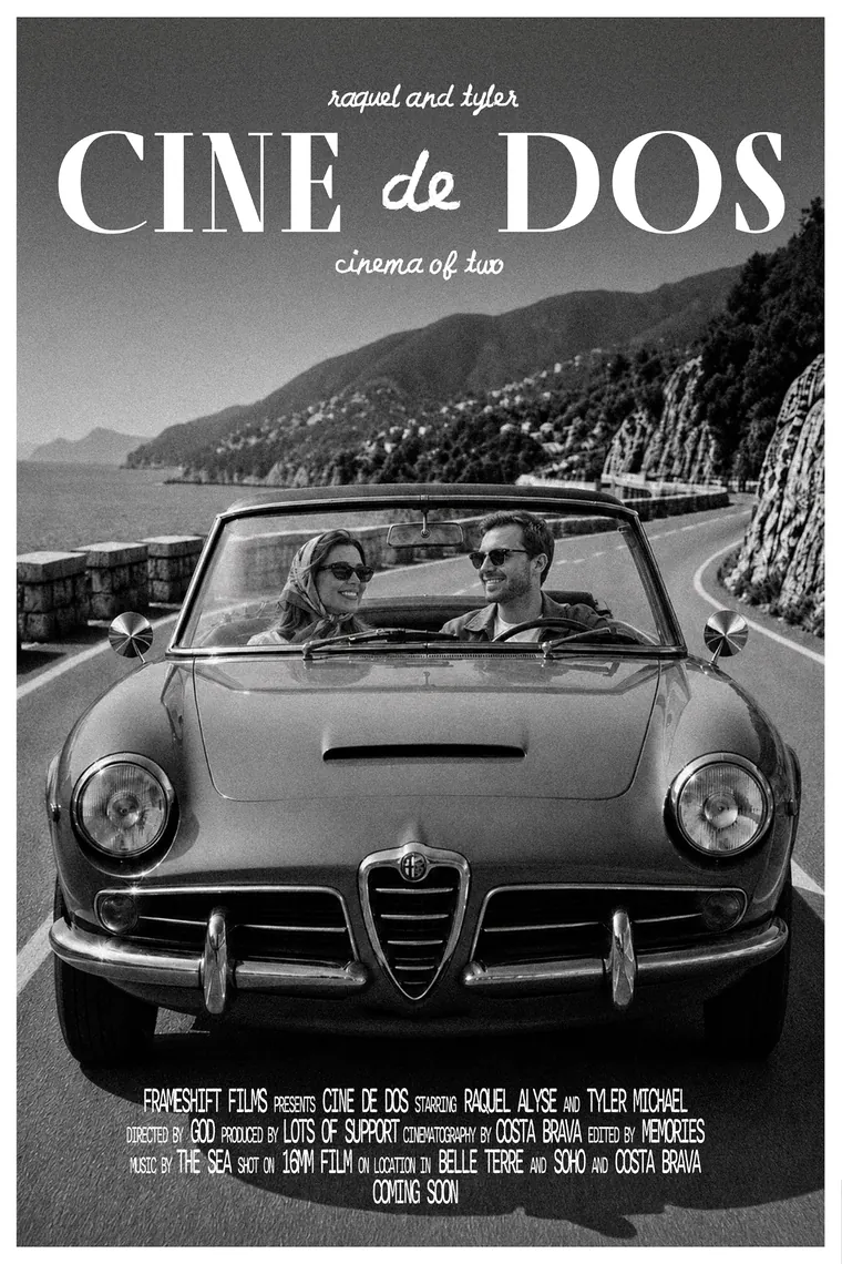 Cine de Dos black and white poster for Raquel and Tyler