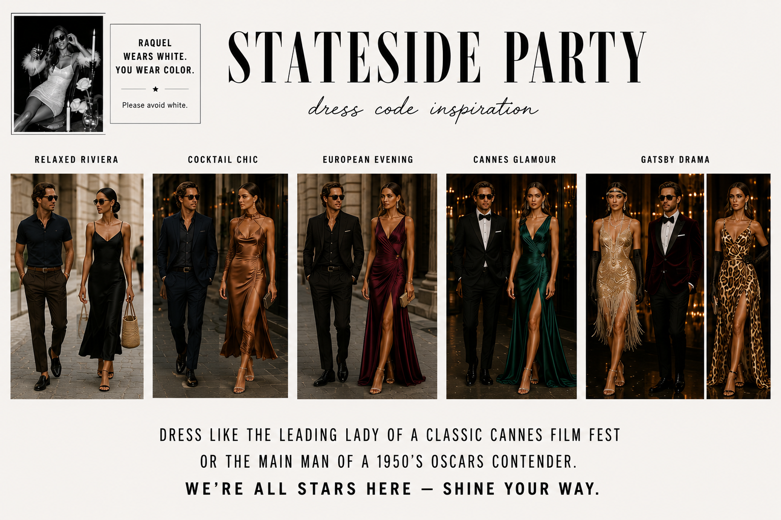 Stateside Party dress code inspiration from relaxed Riviera to Gatsby drama